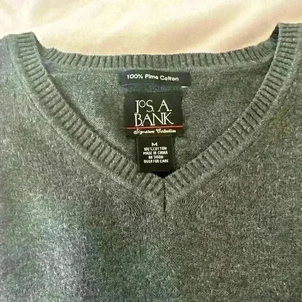 JoS A. Bank | Men’s Medium V-Neck Grey Gray Sweater 100% Pima Cotton Lightweight